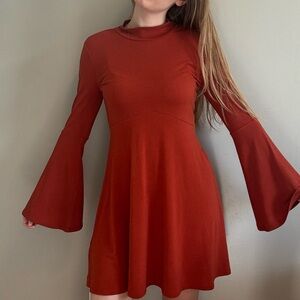 BCBGGeneration burnt orange mock neck mini dress with bell sleeves